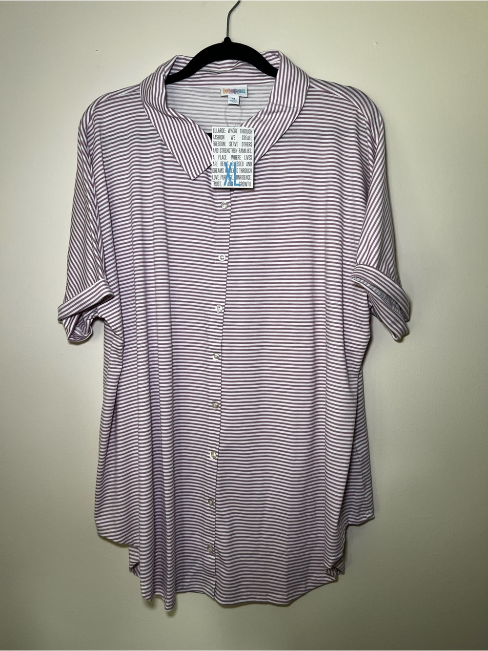 LuLaRoe Charlie Striped Button-Up Shirt in Lavender & White